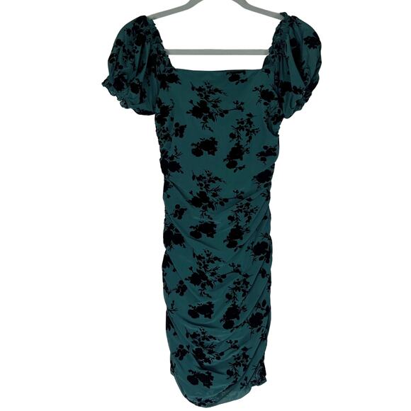 Dear Moon Dresses & Skirts - Dear Moon Green Burnout Velvet Floral Ruched Midi Dress Puff Sleeve Goth Holiday